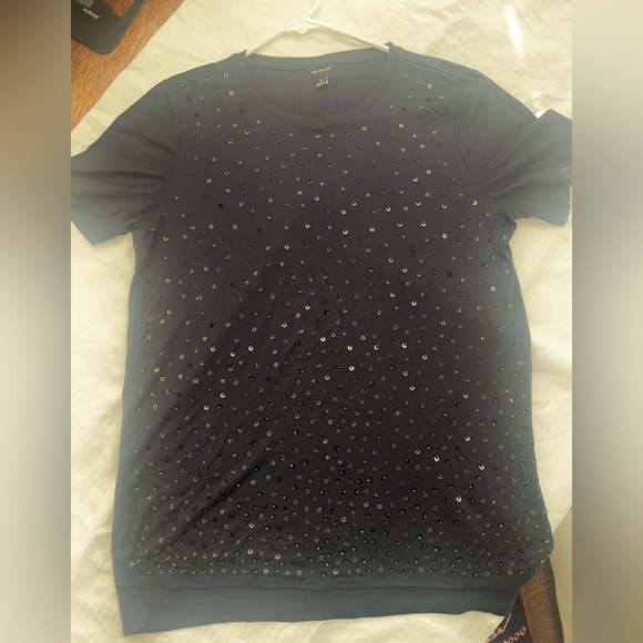 Ann Taylor Navy Sequin Short Sleeve Top - Picture 2 of 6